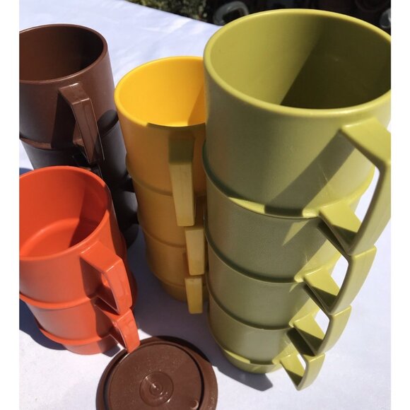 VTG Tupperware 1312 Stacking Coffee Cups Harvest MCM Orange Green Gold Brown Set - Picture 2 of 16